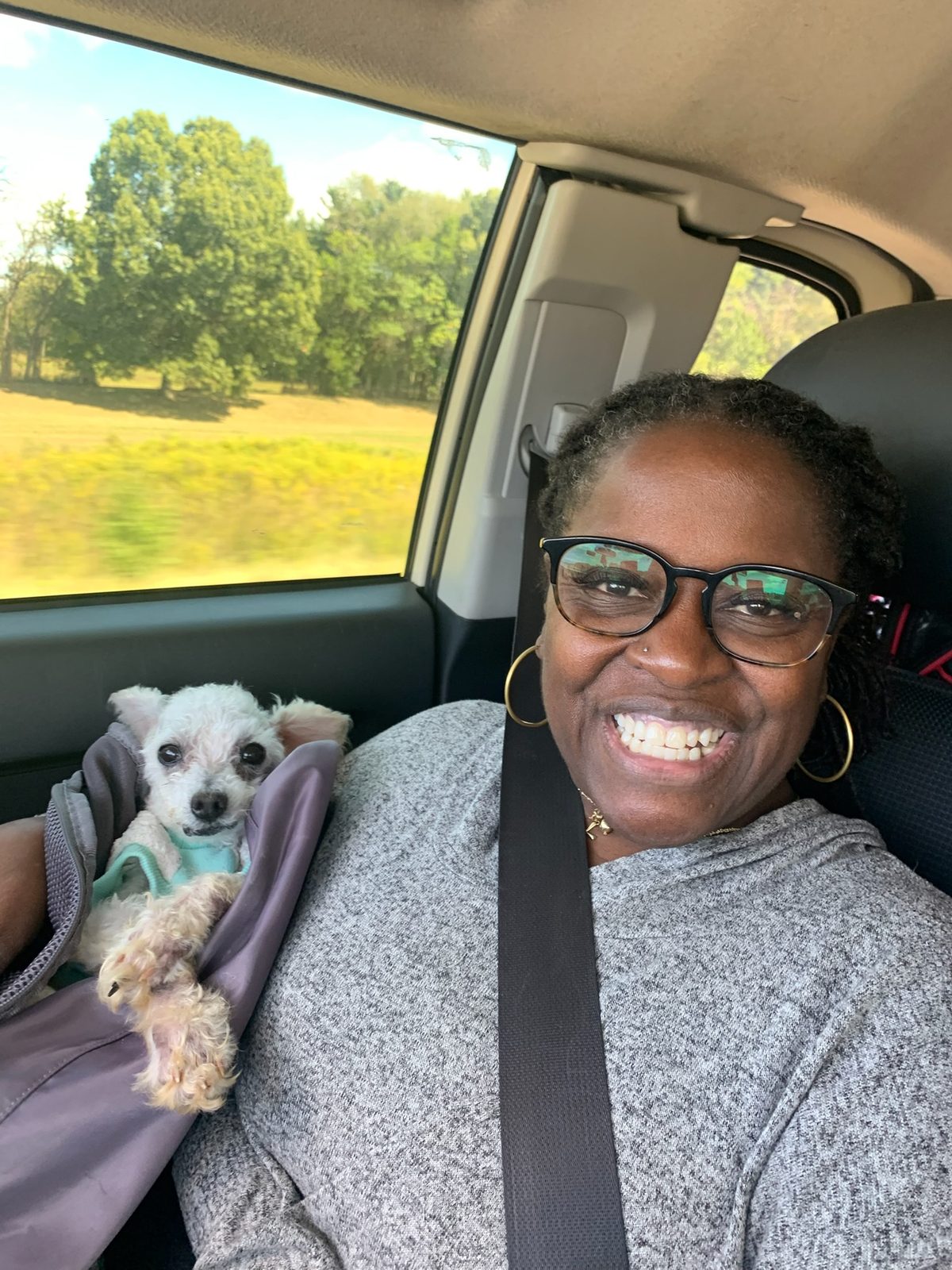 LL Cool Fluffy riding in the passenger seat with Dr. Atkinson-Spinks, green fields through the window